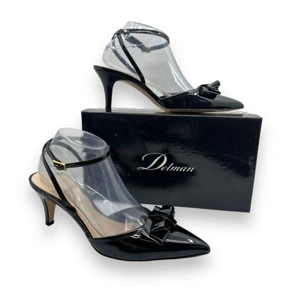 Delman Lyla 39.5 Black Patent Leather Heels Ankle Strap Bow Pointed Toe Pumps - Picture 1 of 12